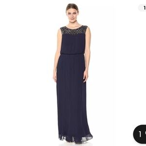 Alex Evenings Navy Micro-Pleated Column Dress with Beaded Neckline - Size 18W